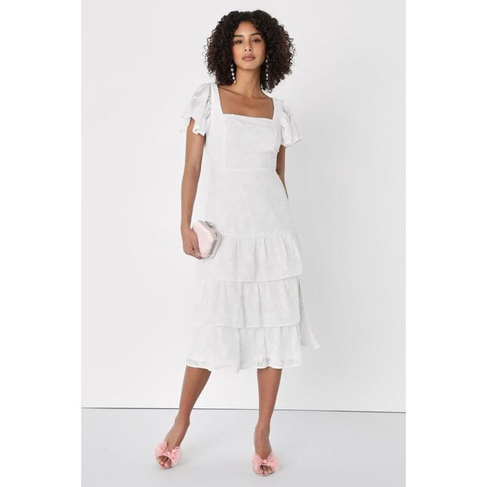 Lulus Loveliest Feeling White Floral Jacquard Tie-back Midi Dress - Size M
